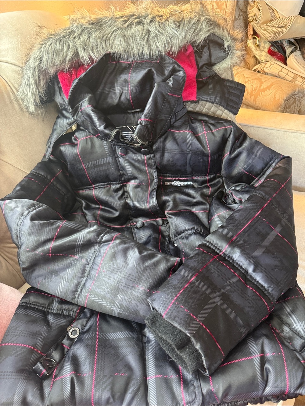 ZeroXposur Black Puffer Jacket with Pink Plaid Stitching and Faux Fur Hood